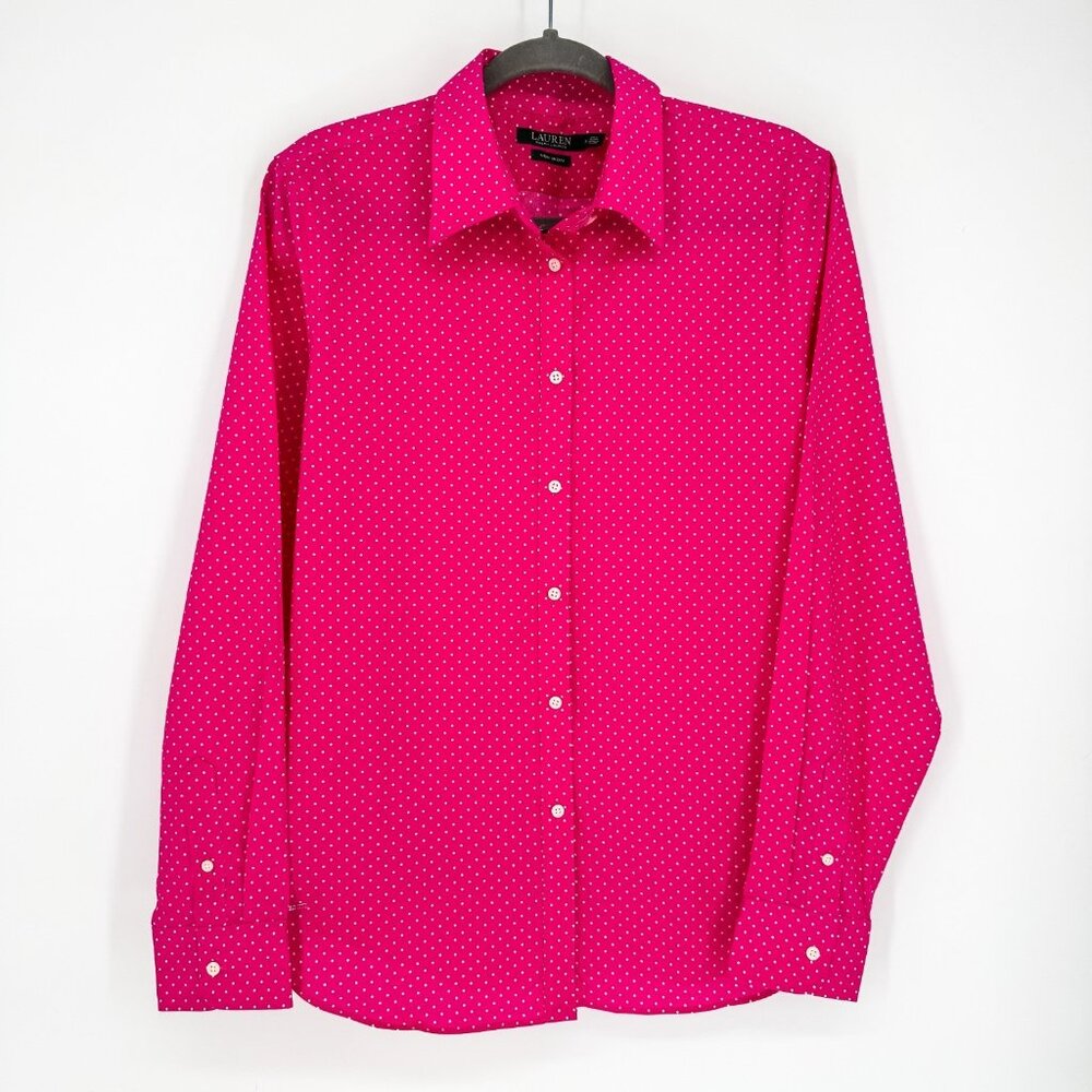 Lauren Ralph Lauren Black Label Long‎ Sleeve Button-Up Pink w/Polka Dot Women XL
